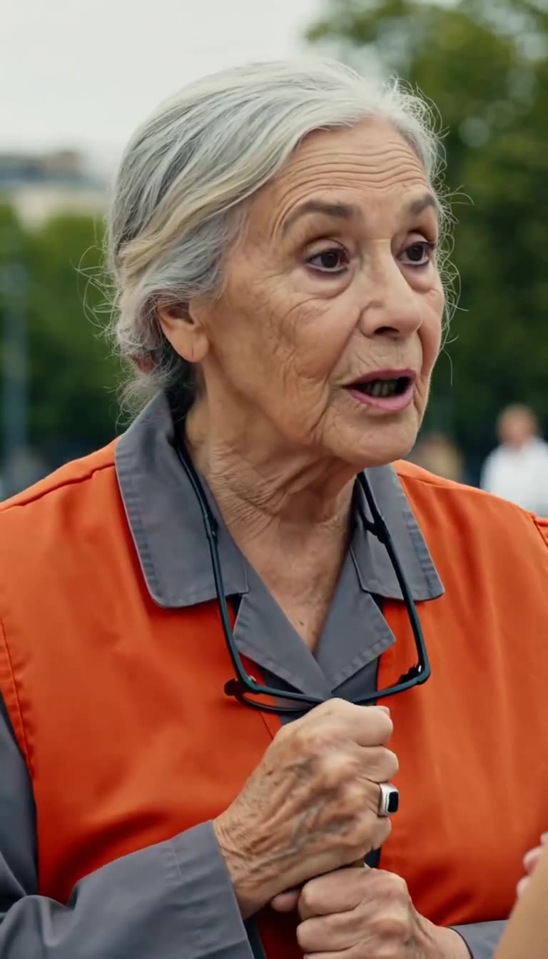 Close-up of the elderly street sweeper speaking while wearing a prominent dark signet ring.