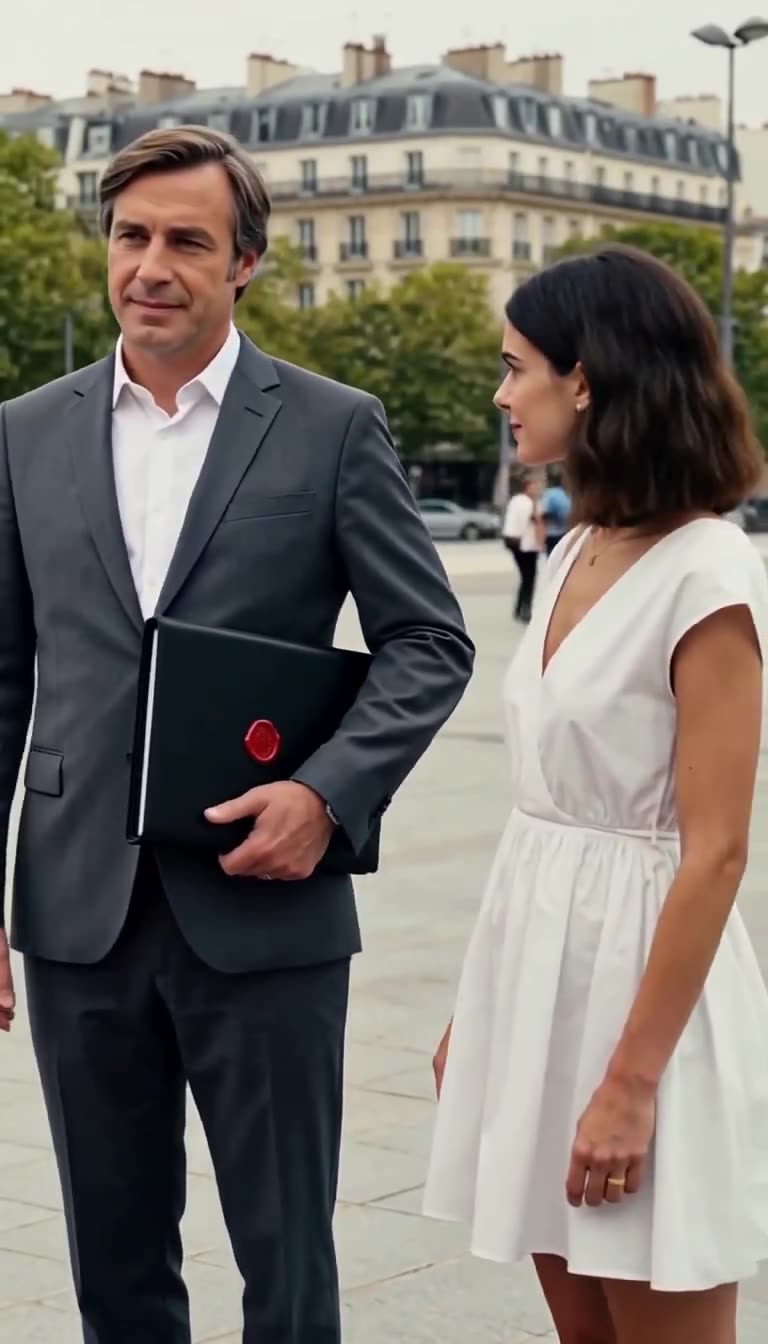 A well-dressed businessman holding a wax-sealed leather document folder arrives beside the smiling young woman.
