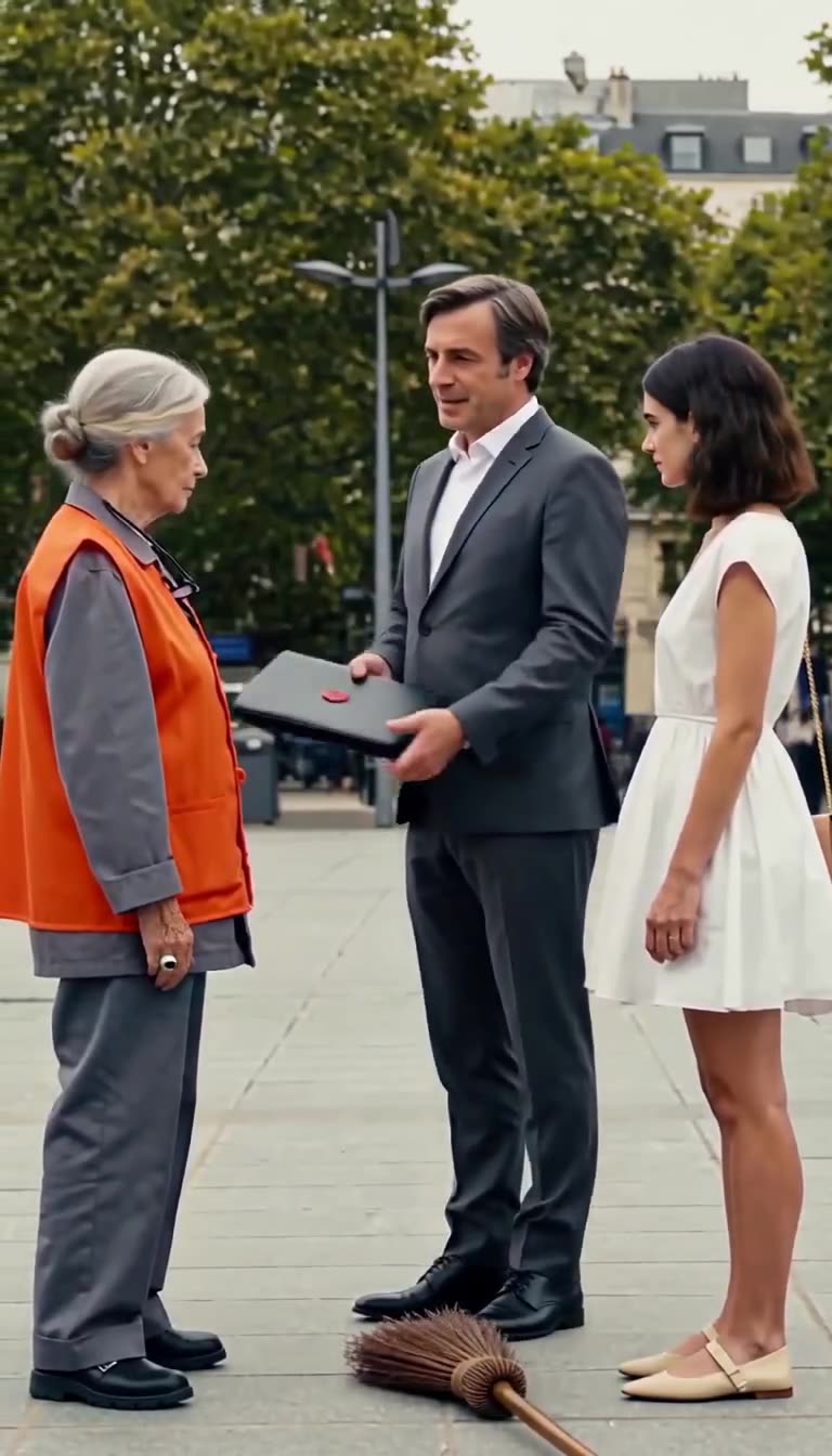 The businessman hands the executive folder with deep deference to the street cleaner as the young woman watches in horror.