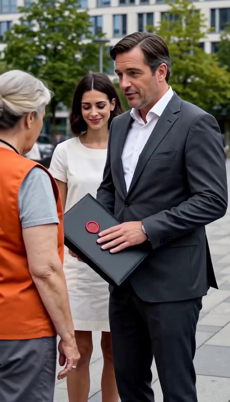 Der Mann überreicht die versiegelte Mappe ehrfürchtig an die ältere Dame in Arbeitskleidung, während die Kollegin erstarrt.
