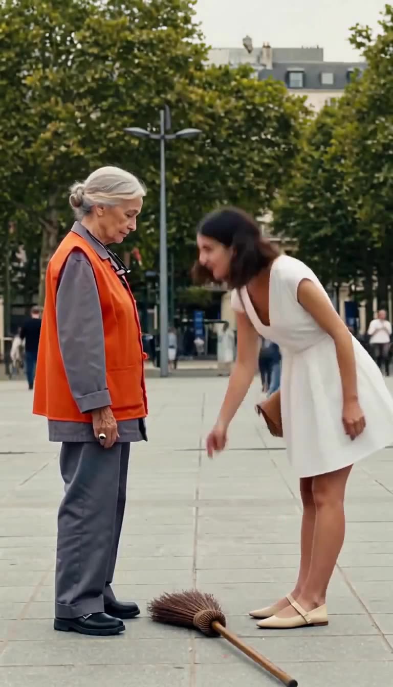 Chloé, in an elegant white dress, bending over to mockingly point at Delphine's broom on the pavement.