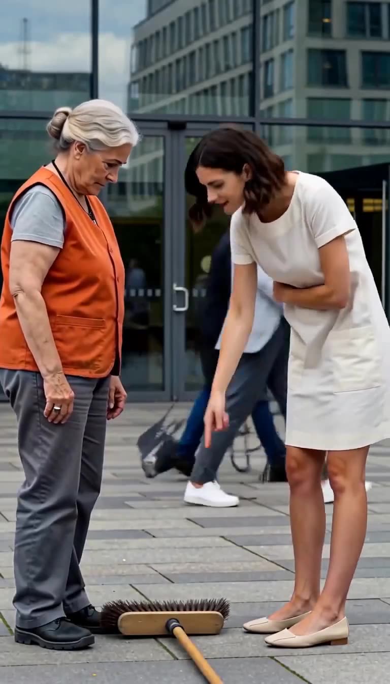 Eine elegant gekleidete Frau zeigt spöttisch auf einen Straßenbesen am Boden