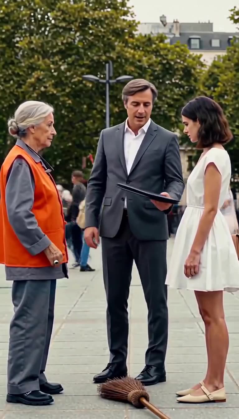 Antoine presents the executive dossier to a stunned Chloé while Monique stands with commanding presence.