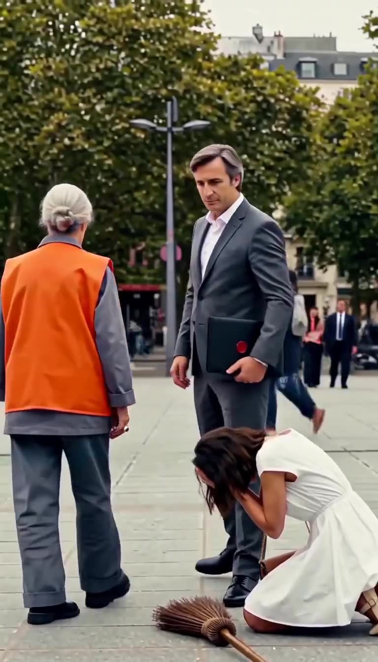 Chloé collapses to her knees in despair beside the broom as Antoine and Monique look down