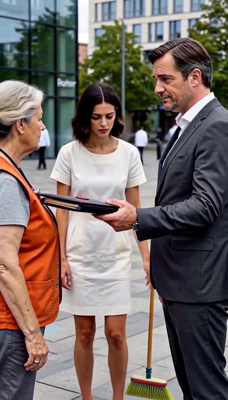 Markus streckt die gesiegelte schwarze Dokumentenmappe mit der Kündigung resolut vor Laura aus.