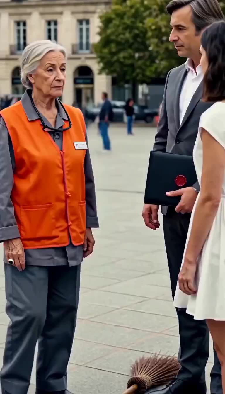 A formal lawyer holding a wax-sealed portfolio stands between the cleaner mother and the young woman in white.