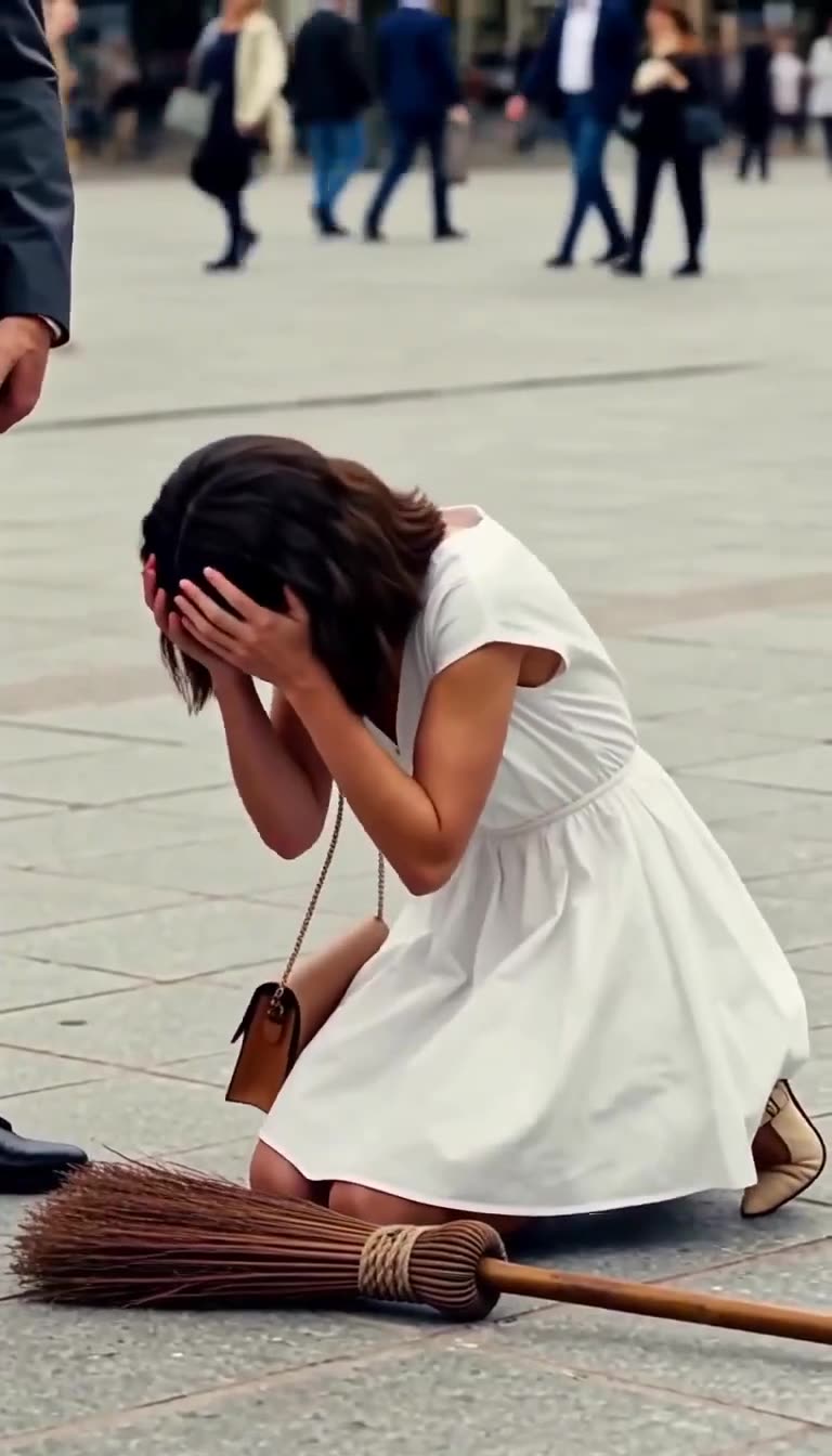 The young woman breaks down in tears on her knees on the stone pavement next to a broom.