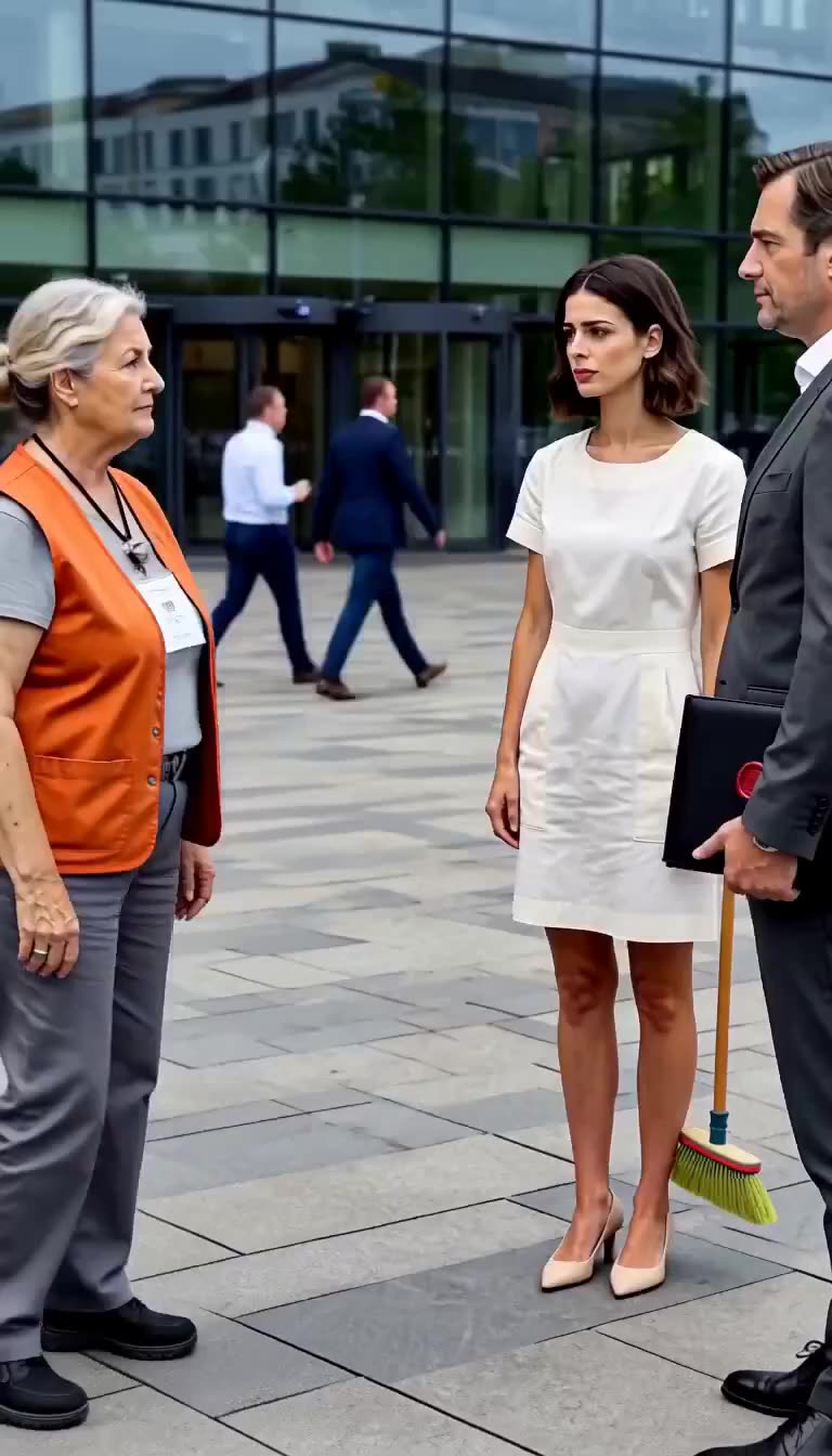 Sophie konfrontiert die Straßenkehrerin auf dem Vorplatz an der Seite ihres Begleiters.