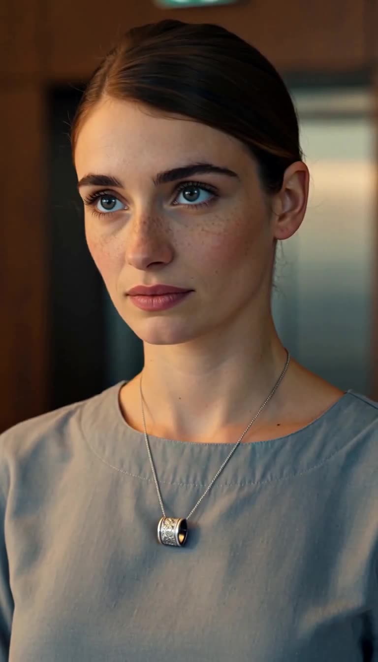 A close-up of a young woman with a neat bun wearing an engraved platinum signet ring on a chain.