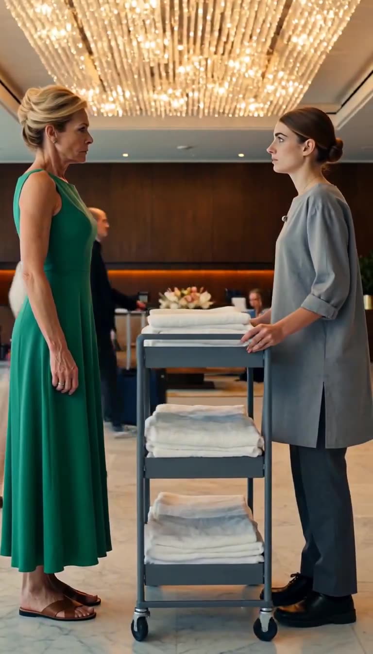 Two women face each other in a tense standoff in a luxury hotel lobby underneath a massive crystal chandelier.