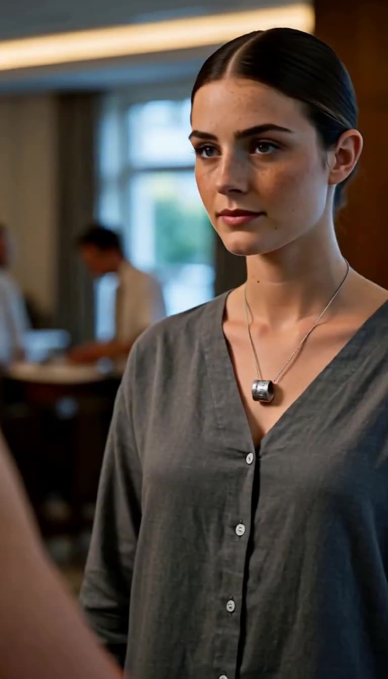 Nahaufnahme von Lena, die ruhig das Kinn hebt und den Platinring an ihrer Halskette offenbart.