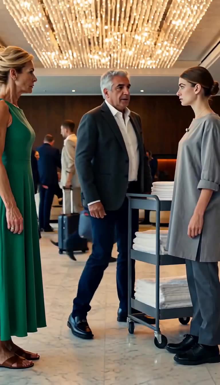 Hotel director Ronan stepping between Delphine and Camille in front of the marble foyer and chandelier.