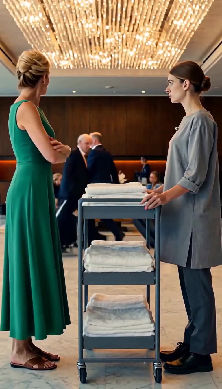 A guest in green confronts a hotel maid standing beside a laundry cart under a crystal chandelier.
