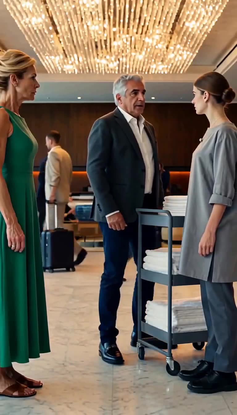 The hotel general manager intervenes between the aggressive guest and the composed staff member.