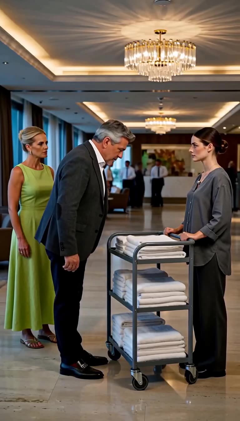 Der Hotelmanager verneigt sich respektvoll vor der Angestellten, während die arrogante Dame schockiert zusieht.