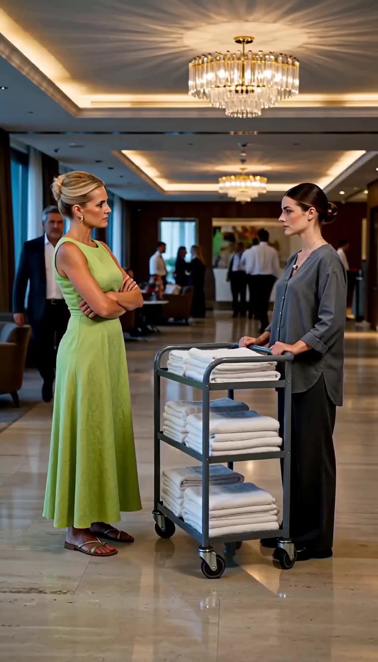 Konfrontation in der Hotellobby zwischen der Dame im Kleid und dem Zimmermädchen am Wäschewagen.