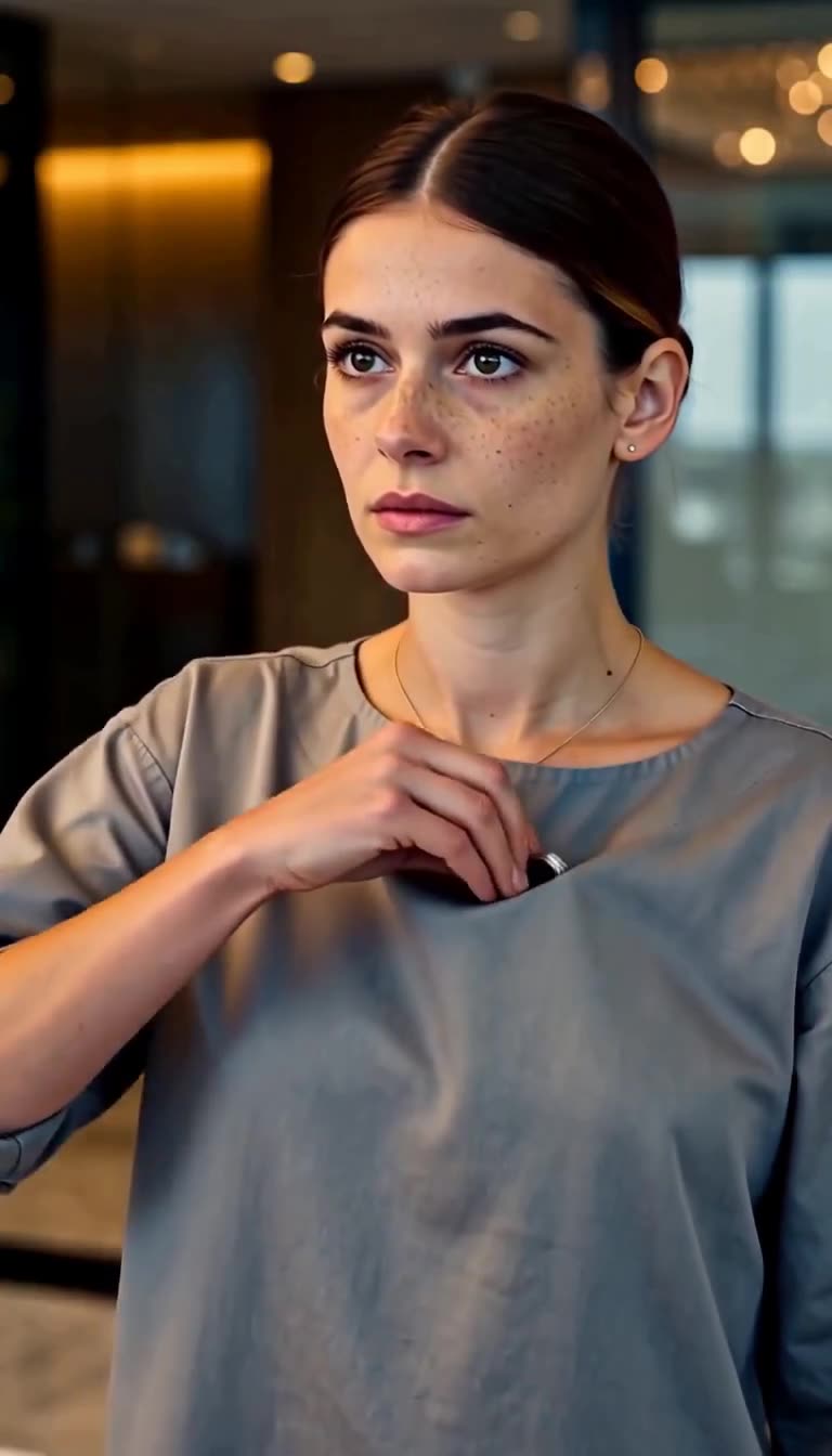 A young housekeeper in uniform reveals a platinum signet ring from beneath her collar