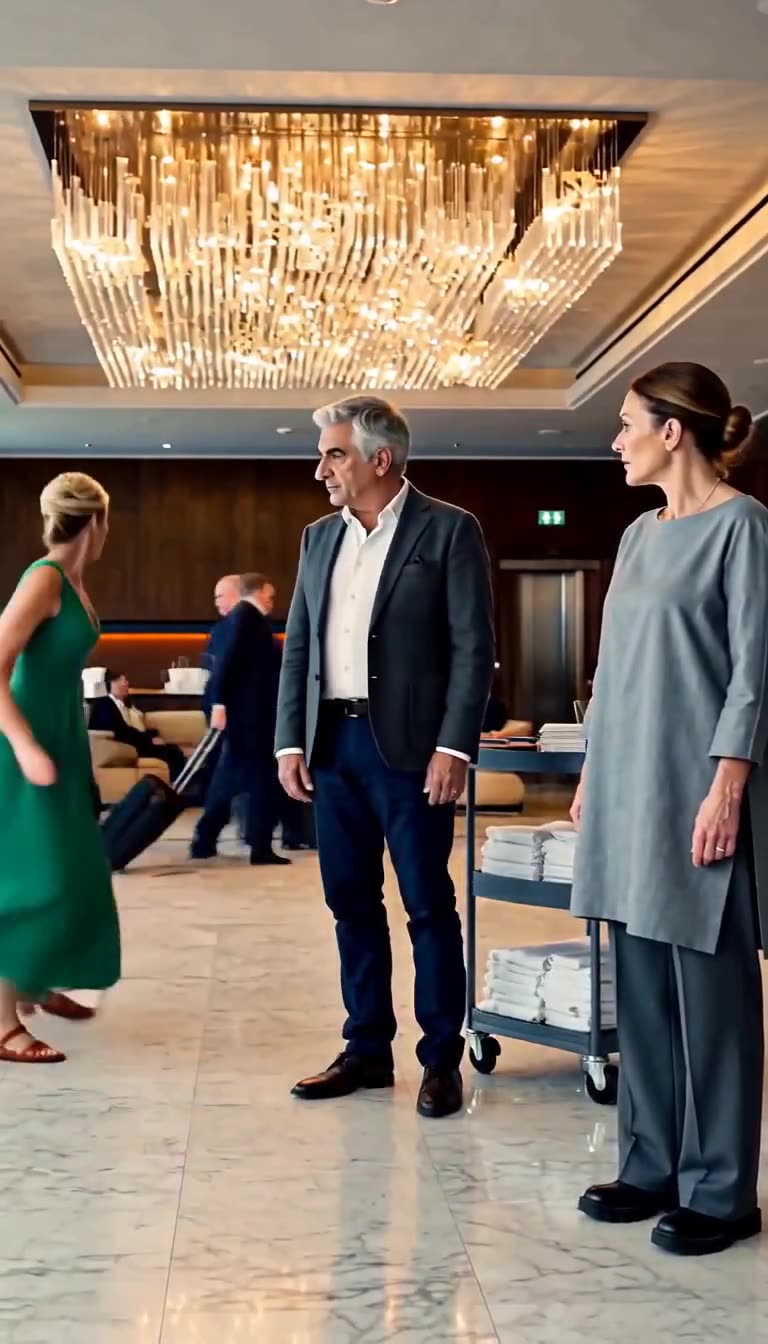 Delphine retreats in humiliation as hotel staff and Camille watch in silence.