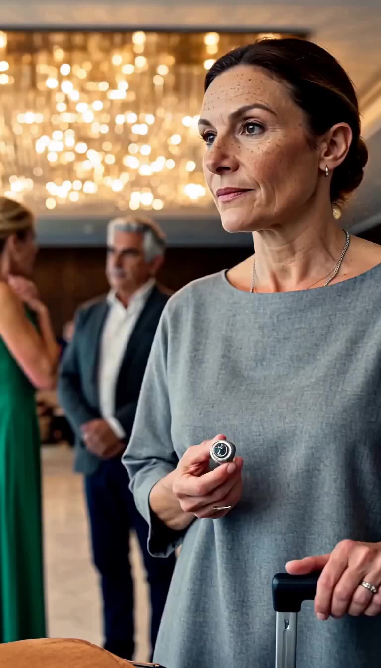 The undercover hotel owner presenting an engraved signet ring to reveal her true status.