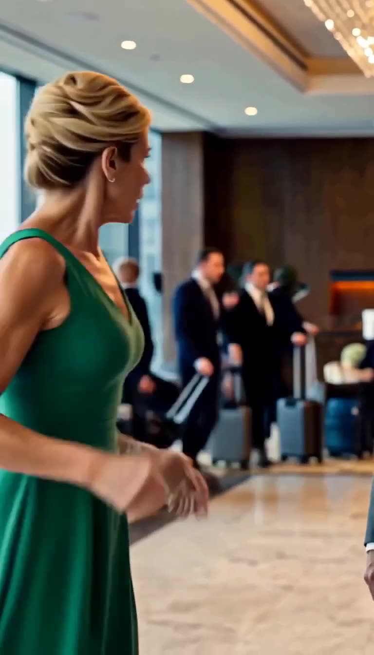 An arrogant guest in an emerald green dress reacting defensively in the luxury lobby.