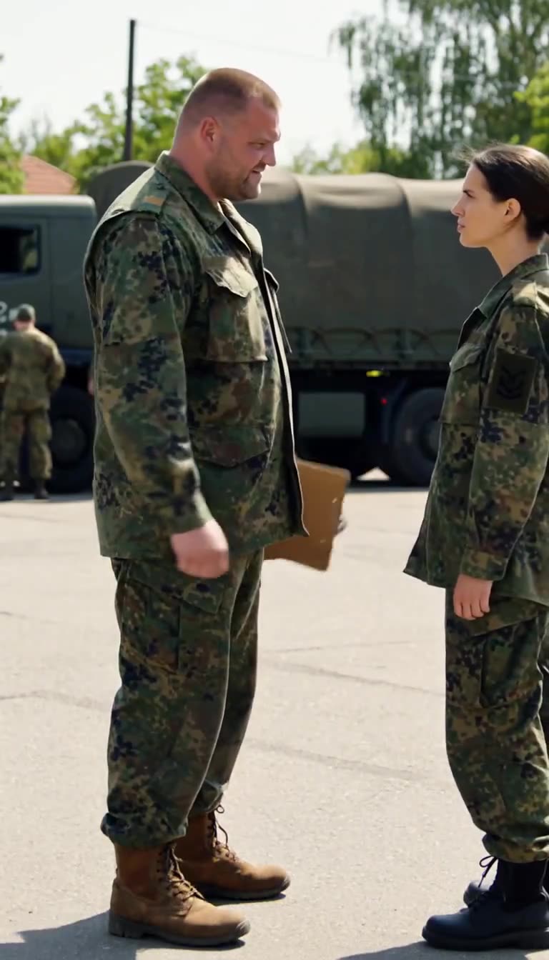 Konfrontation auf Augenhöhe zwischen Stefan und Lena vor den Militärlastern