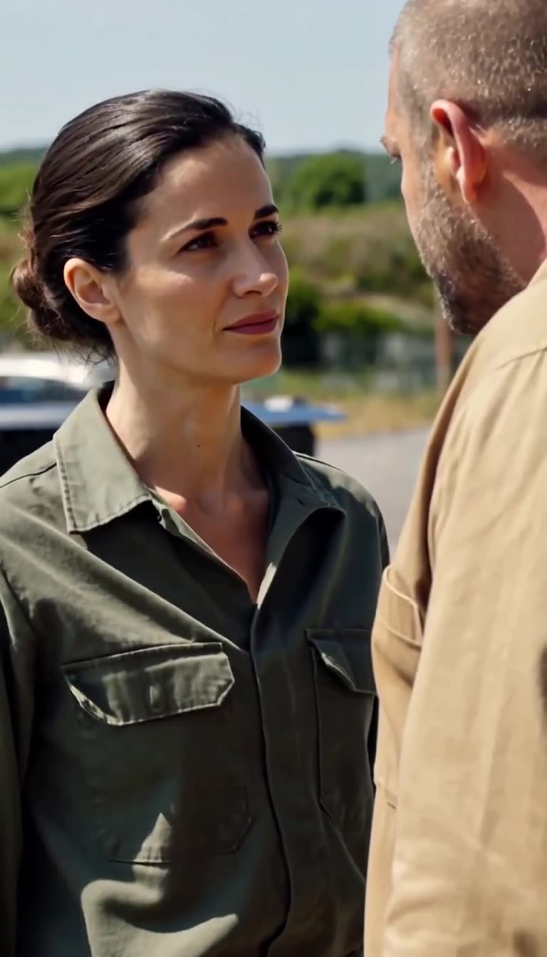 Camille raises her chin and defiantly locks eyes with Thomas during their tense standoff.