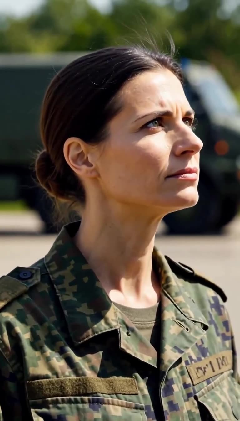 Nahaufnahme der entschlossenen Soldatin Lena mit erhobenem Kinn und festem Blick.