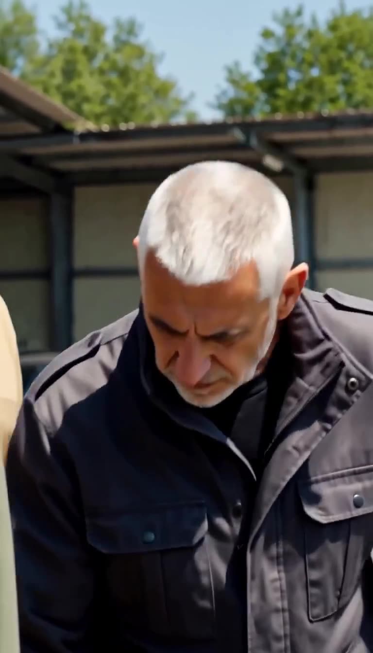 Commander Michel bends down to inspect the concealed object lodged in Camille's boot collar.