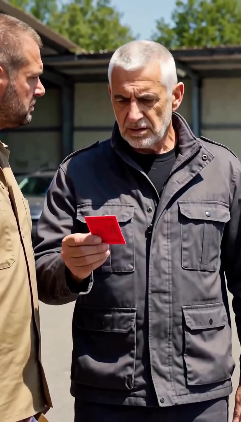 Michel raises and inspects the red audit pass as a shocked Thomas looks on.