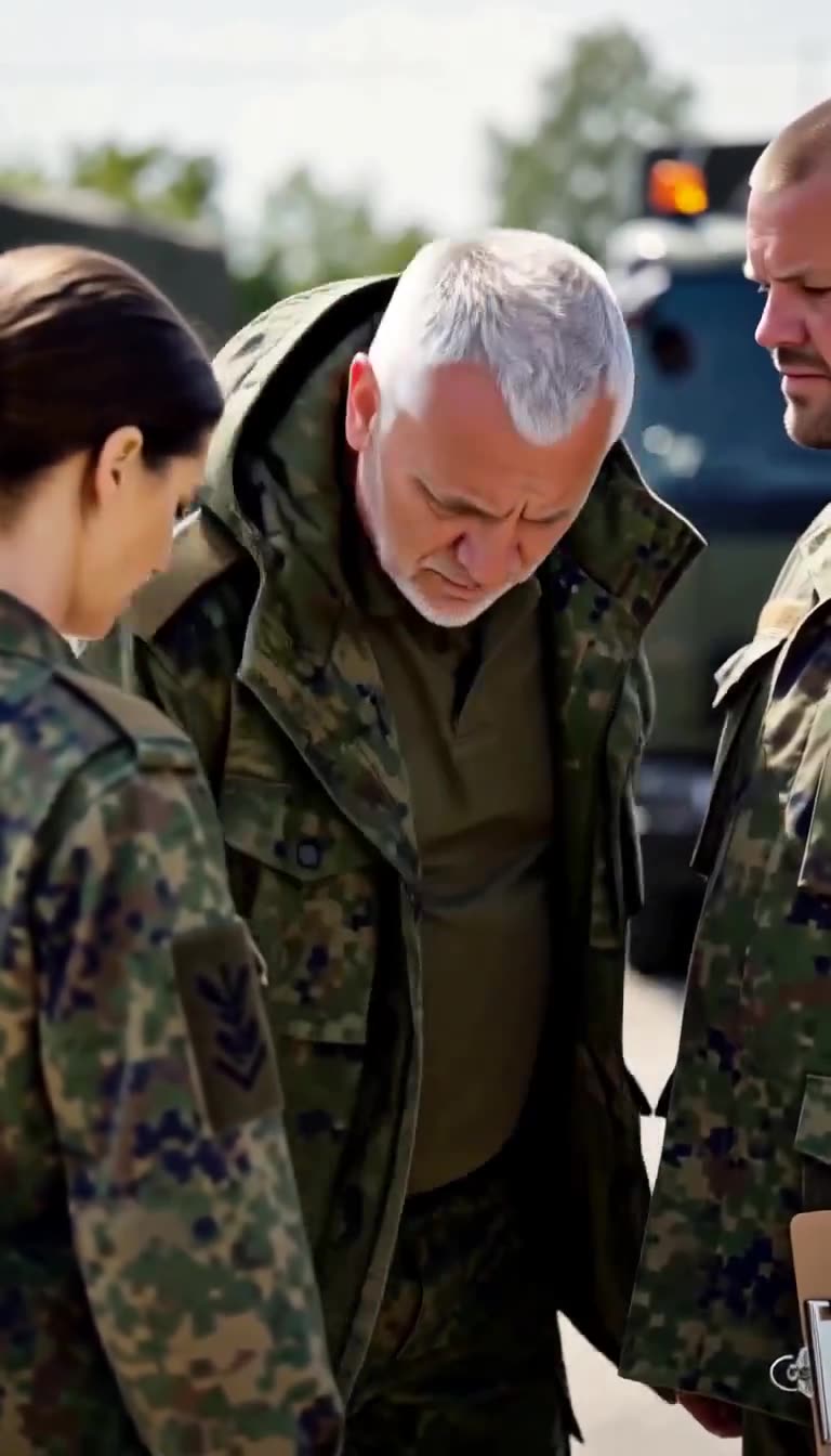 Oberst Thomas beugt sich vor Lena hinab und entdeckt ein Dokument an ihrem Stiefel.