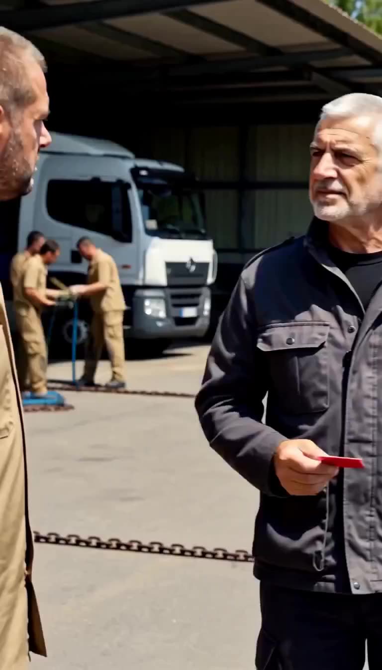 The commander examines a high-clearance red credential in shock while soldiers work in the depot background.