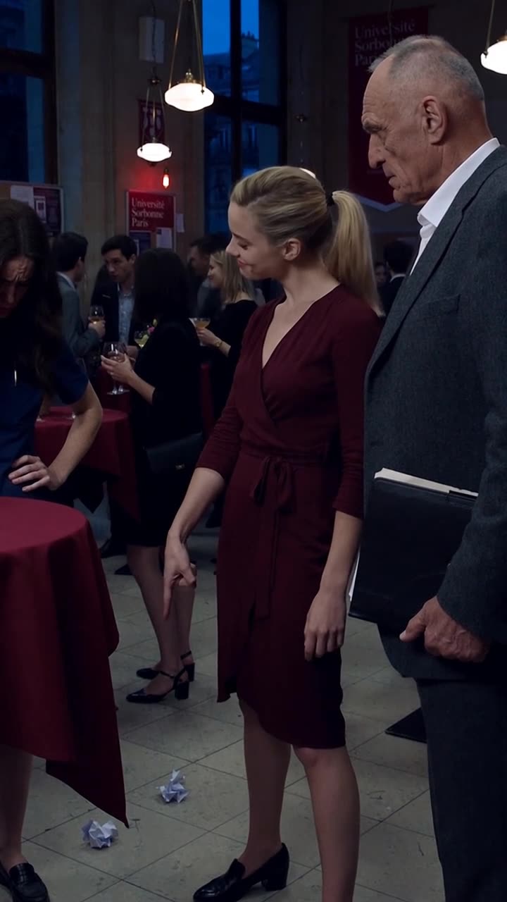 Antoine in a dark suit standing with a black document folder next to Chloé as she points at the floor