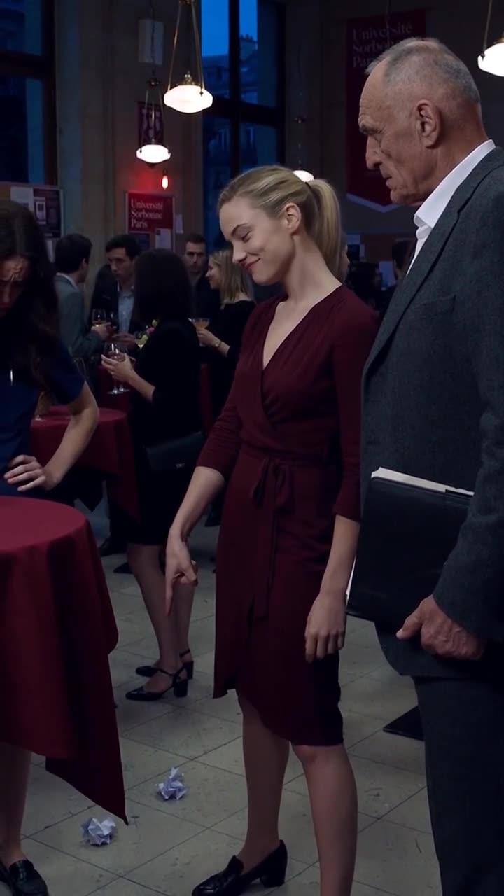 The woman gestures mockingly at the ripped contract while an influential businessman observes.
