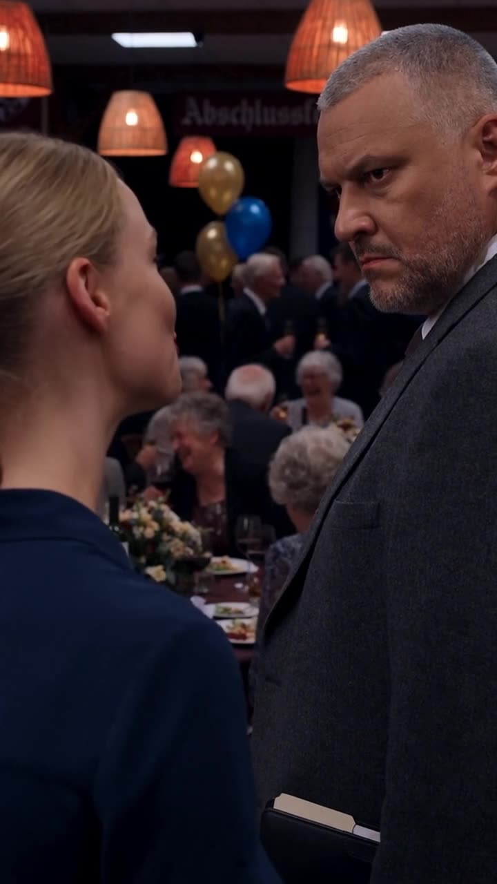 Thomas blickt mit ernster Miene an der selbstgefällig lächelnden Sophie vorbei.