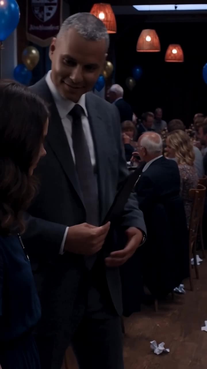Thomas wendet sich mit der Dokumentenmappe konzentriert Lena zu, während Sophie den Saal verlässt.