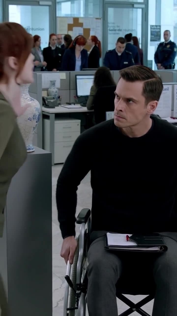 Alexandre sits in his wheelchair with a stern glare, intercepting the escalating clash.