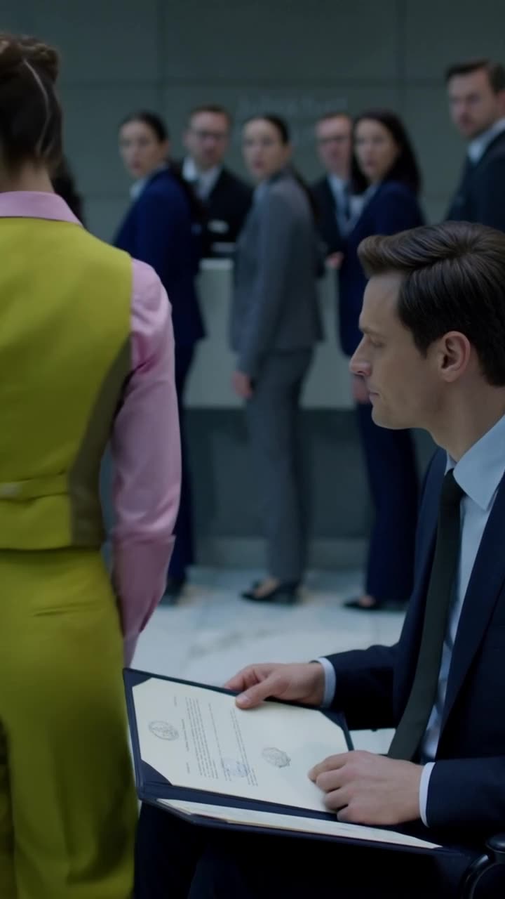 Julian blickt auf die Urkunde, während sich die Machtverhältnisse im Foyer dramatisch umkehren.