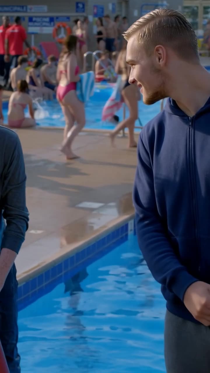 Lucas smiles mockingly down toward the water's edge