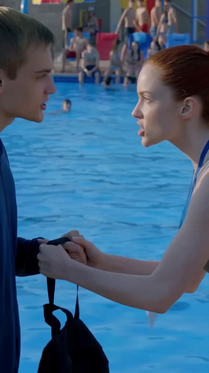 The woman grabs the bully's strap firmly by the edge of the swimming pool in a tense standoff