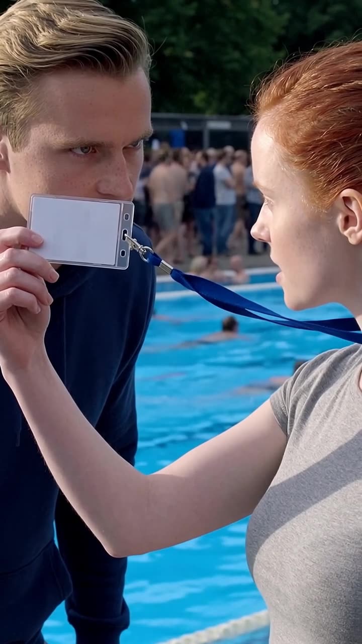Greta hält Lukas die weiße Ausweiskarte direkt vor die Augen
