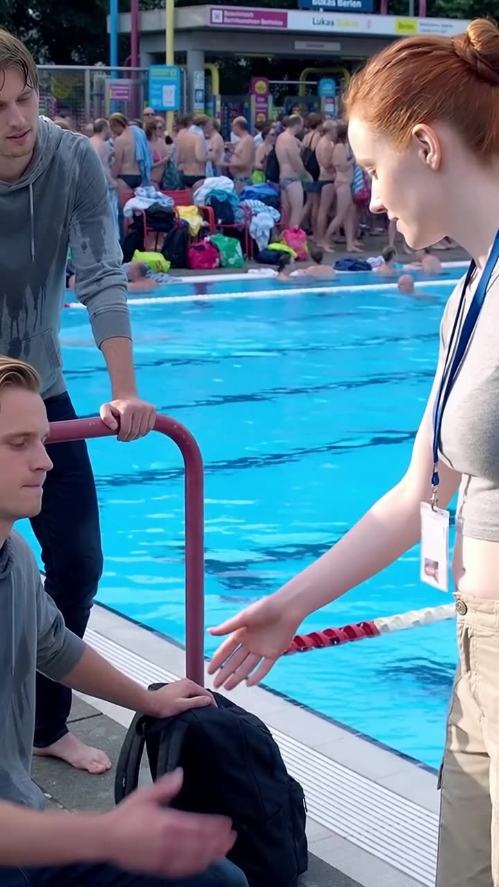 Greta reicht dem durchnässten Jonas am Beckenrand die Hand, um ihm aufzuhelfen.