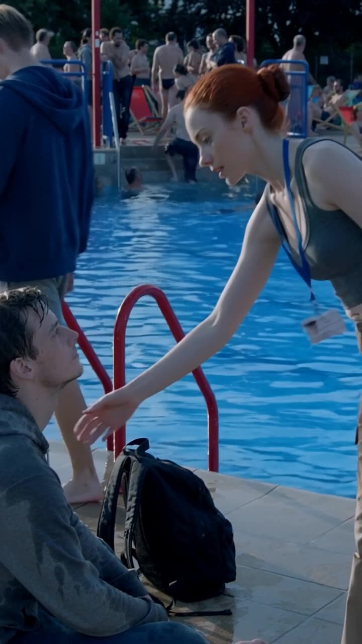 Camille reaches out a supportive hand to help Julien up from the poolside concrete deck.