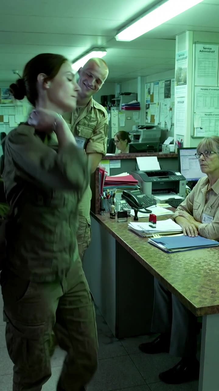 Léa hoists her duffel bag and prepares to push past, leaving Julien in mid-sentence by the counter.
