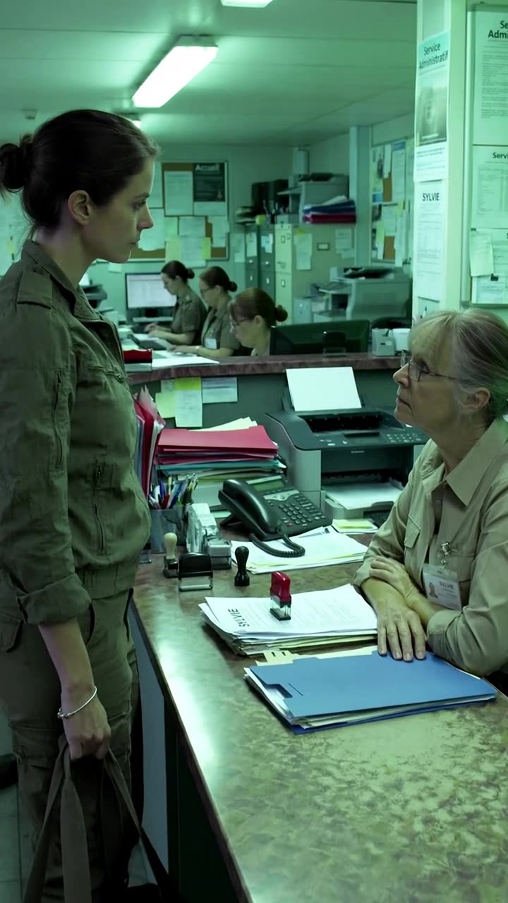 Sylvie stares up with a stern look as Léa faces her directly at the administrative desk.