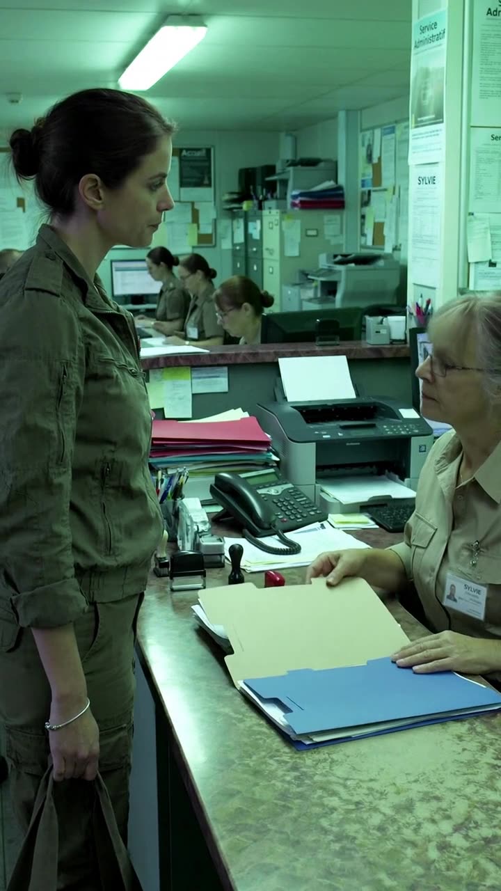 Sylvie opens the tan file dossier revealing Léa's classified service record.