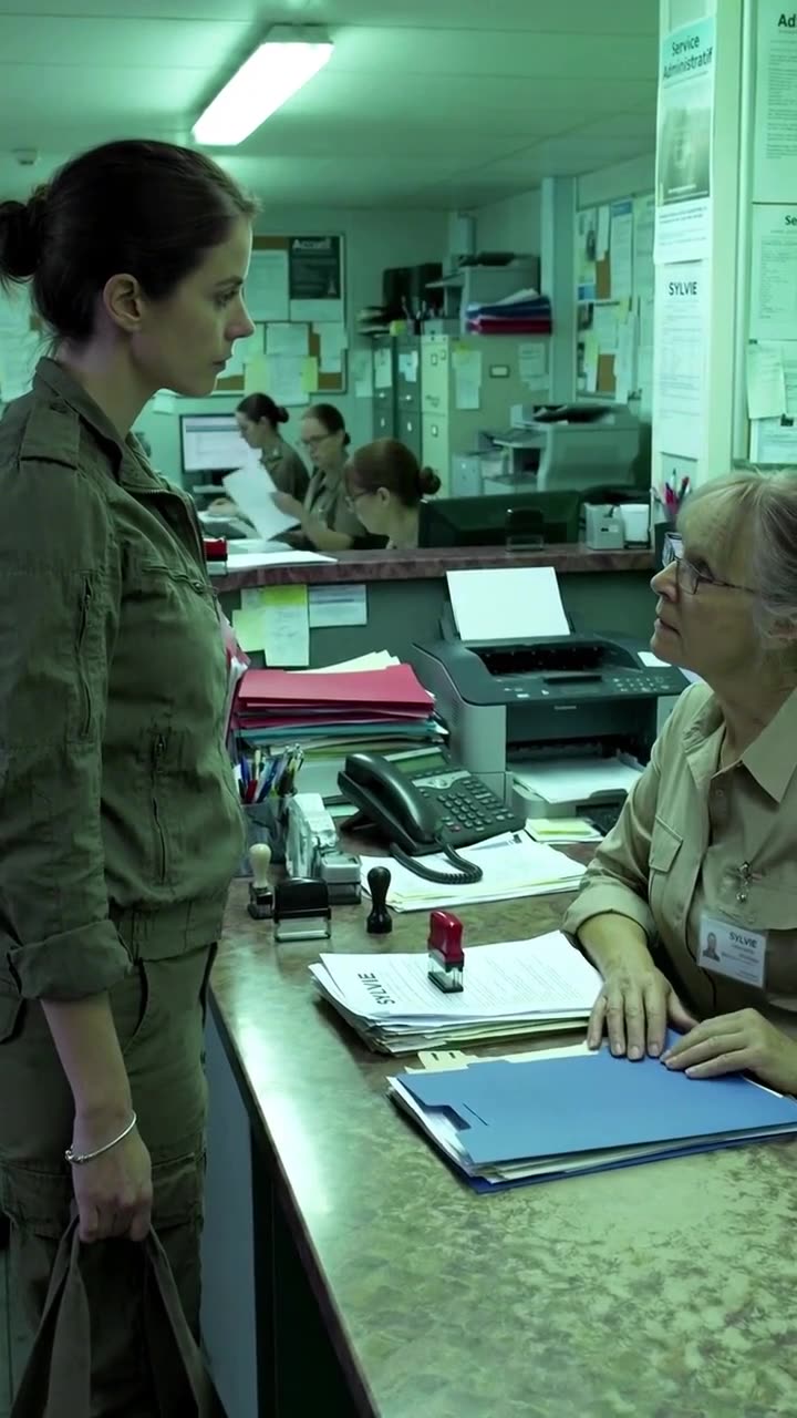 Sarah Martin stands silently before the barracks administrative desk as her records are processed.