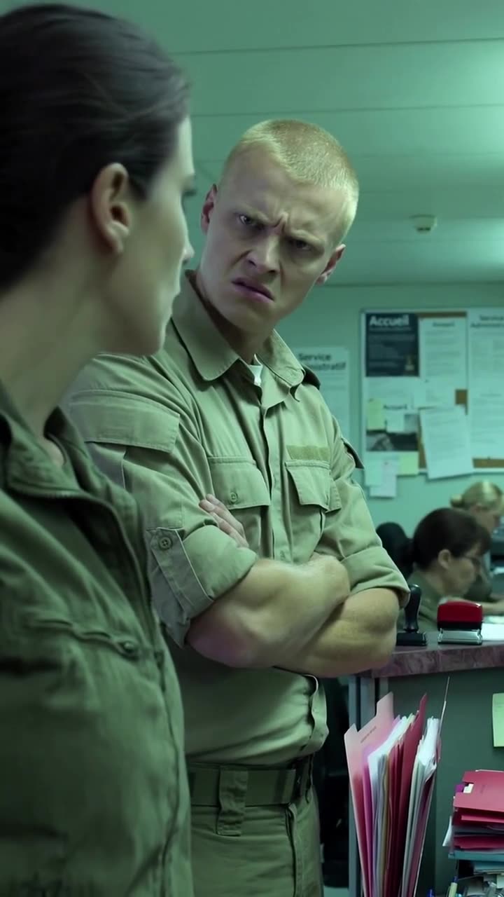 A hostile soldier glares across his folded arms, sneering at the newly arrived military nurse.