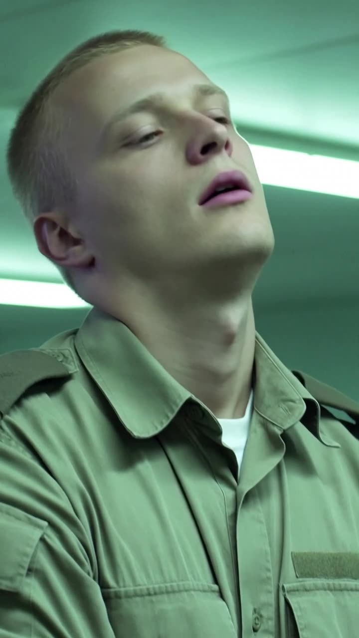 Julien tilting his head back in arrogant disbelief under base fluorescent lights