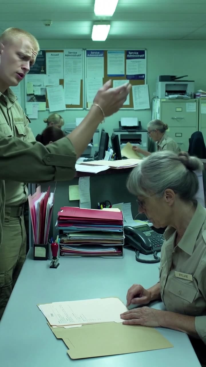 Julien gesturing impatiently at the desk clerk Sylvie reviewing the dossier