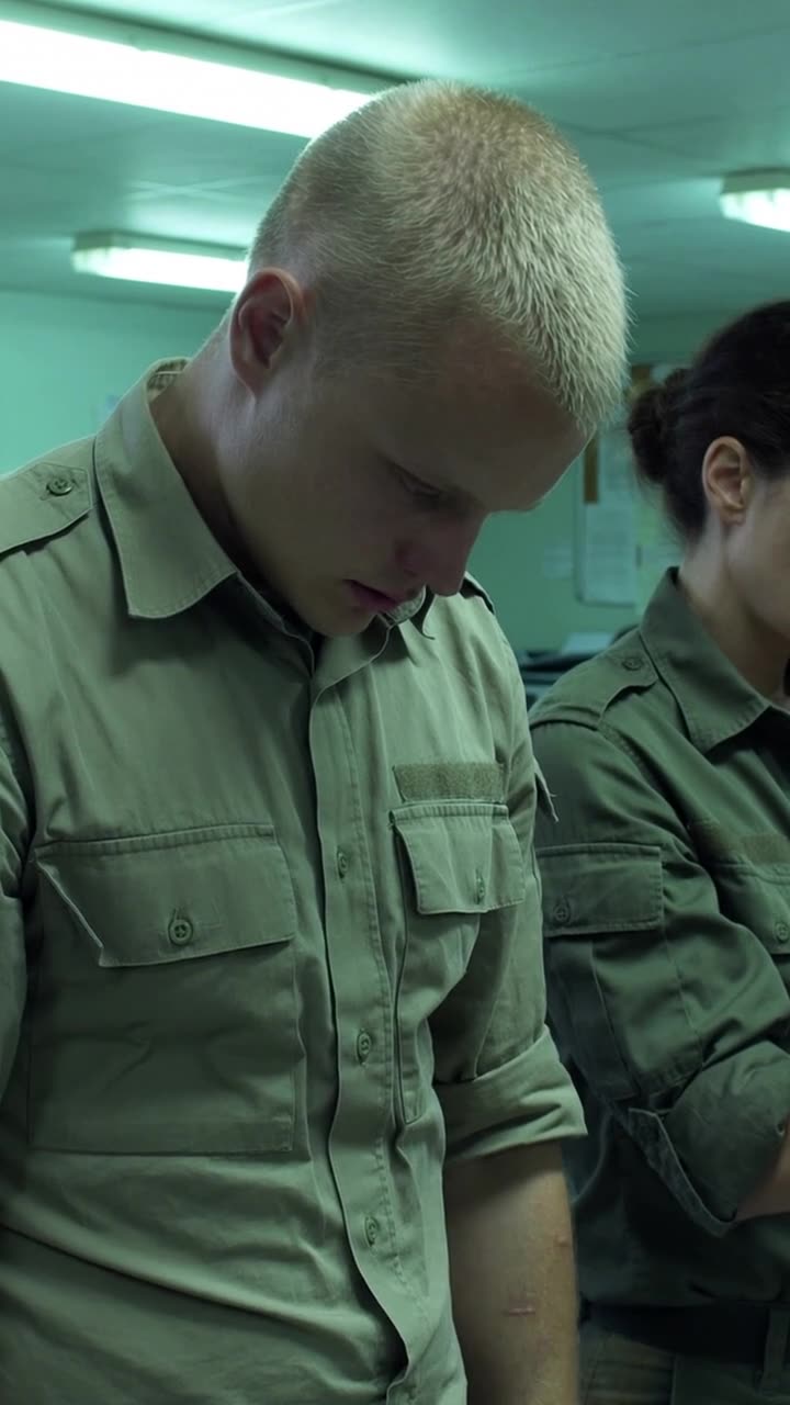 Julien uncrosses his arms and bows his head in subdued silence after the confrontation.
